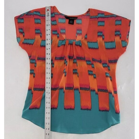 Calvin Klein Firecracker Orange‎ Teal Short Sleeve Chiffon Blouse Sz Small, Boho - Picture 6 of 7